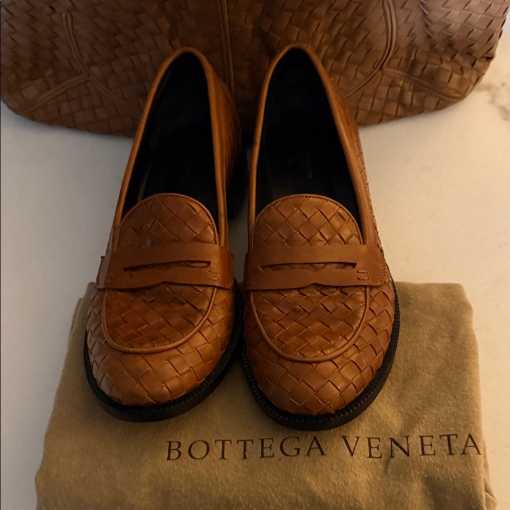 Bottega Veneta Tan Woven Leather Loafers and Intrecciato bag